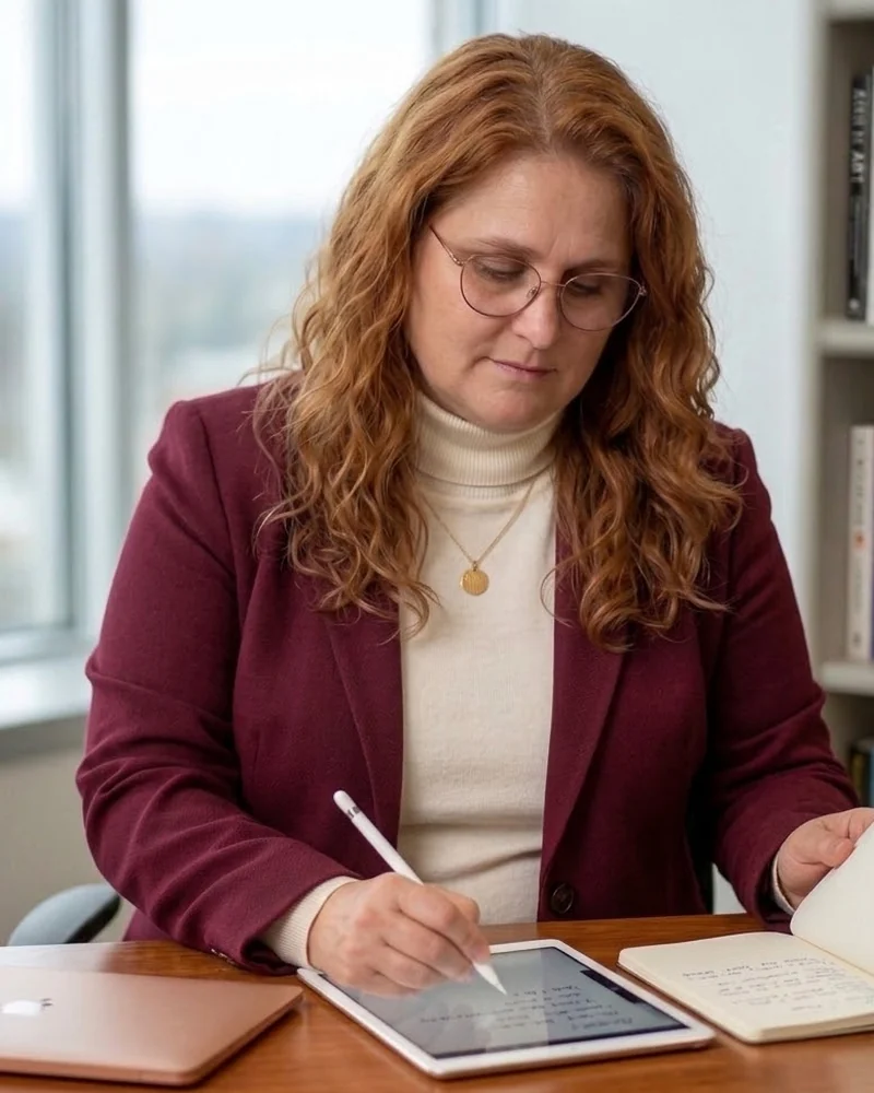 Alessia Farinella al lavoro alla scrivania, mentre scrive su un tablet accanto a un taccuino aperto.